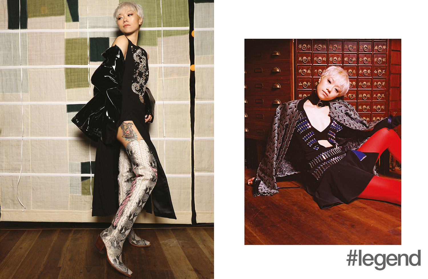 Left: Dress by Fausto Puglisi at Joyce, jacket from Monki and boots by Rocketbuster x House of Holland; Right: Jacket from Victoria Victoria Beckham at Joyce,  dress by David Koma at Joyce and choker and stockings by Monki 