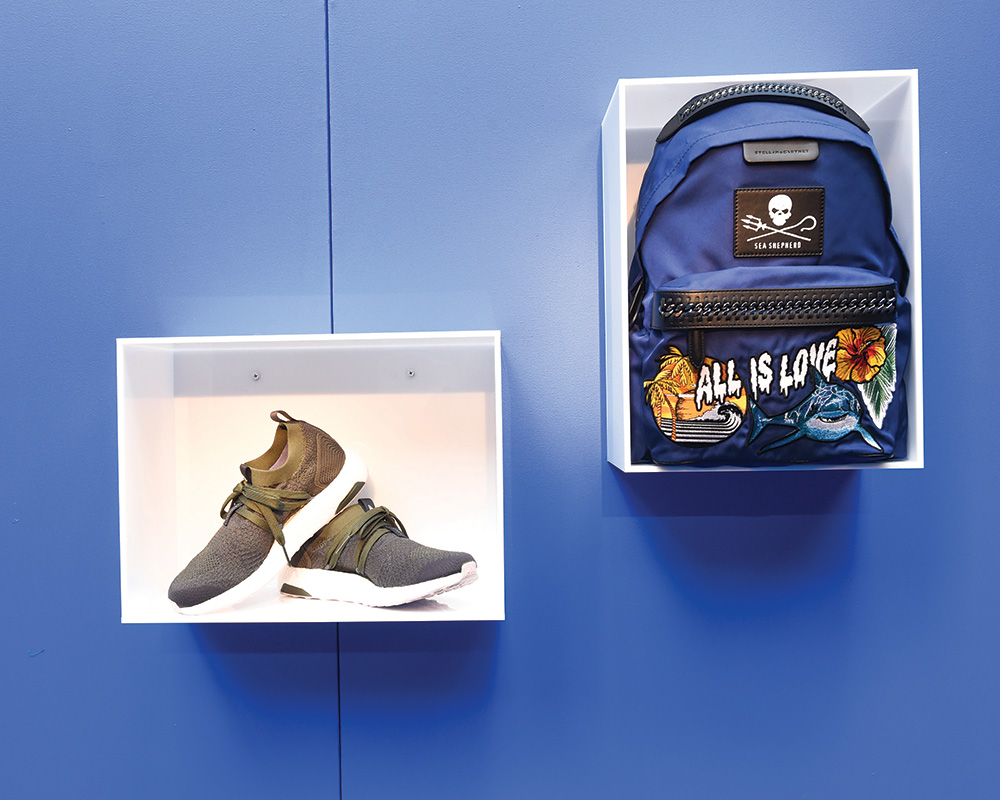 Falabella Go backpack and Adidas trainers made from recycled plastic