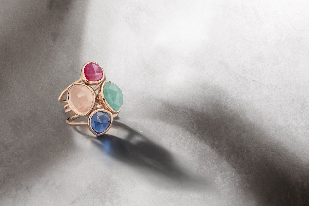 Monica Vinader's Siren rings in various sizes with Pink Quartz, Rose Quartz, Green Onyx and the new Kyanite