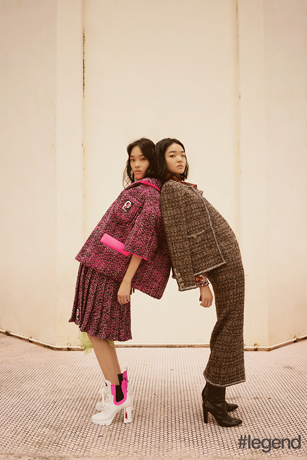 On Layla [left] Pink tweed jacket, matching skirt and white lace-up boots_Prada / On Mei Yue [right] Silk printed blouse_JW Anderson; Brown tweed dress and matching jacket_Chanel; Black boots_Ralph Lauren