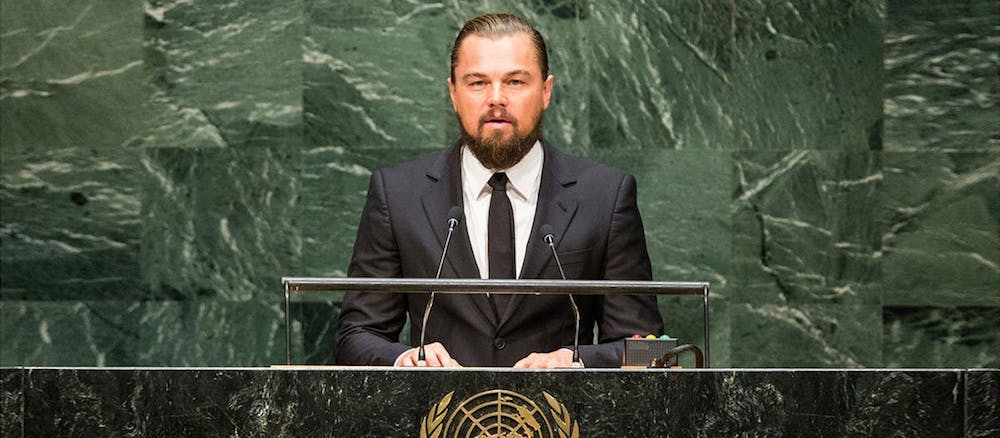 Leonardo DiCaprio talking at a UN Climate Summit in 2014