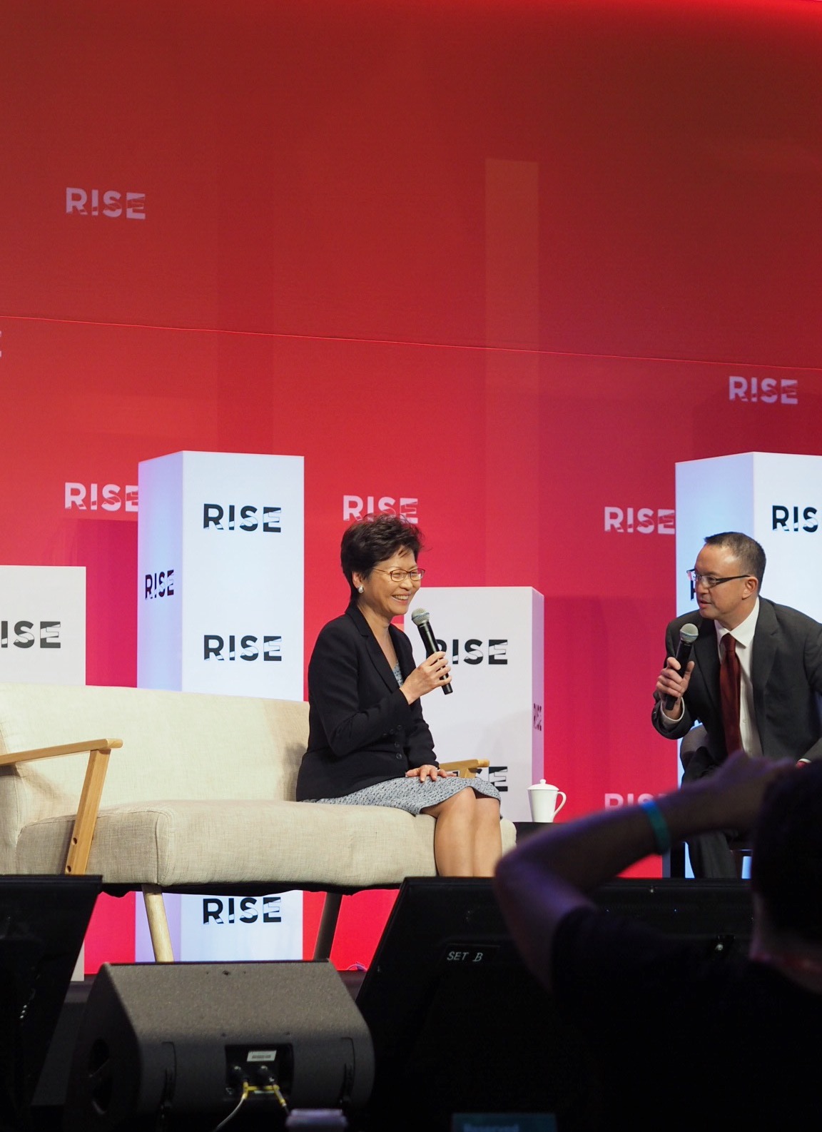 Hong Kong Chief Executive Carrie Lam and CNBC anchor Bernie Lo