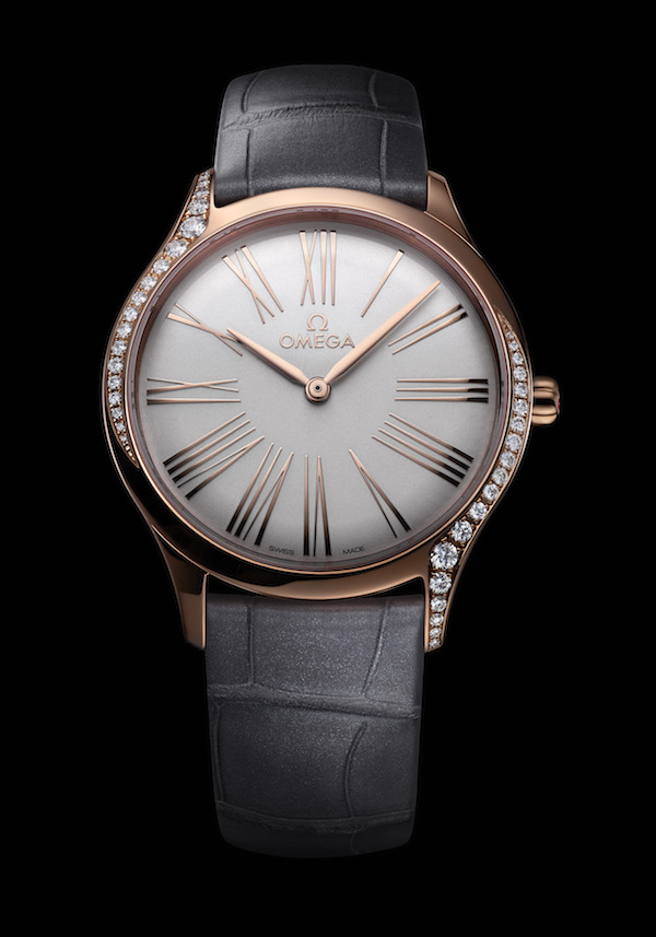 The Sedna gold Omega Trésor with lacquered opaline silver dial and grey leather strap