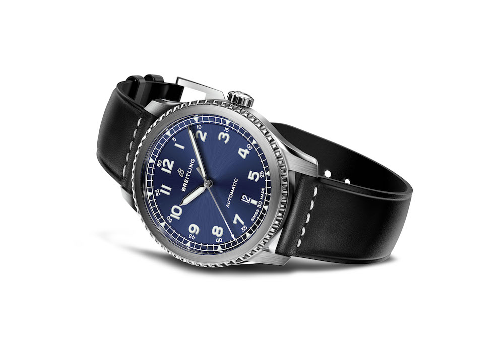 the Navitimer 8 Automatic with blue dial and a black leather strap