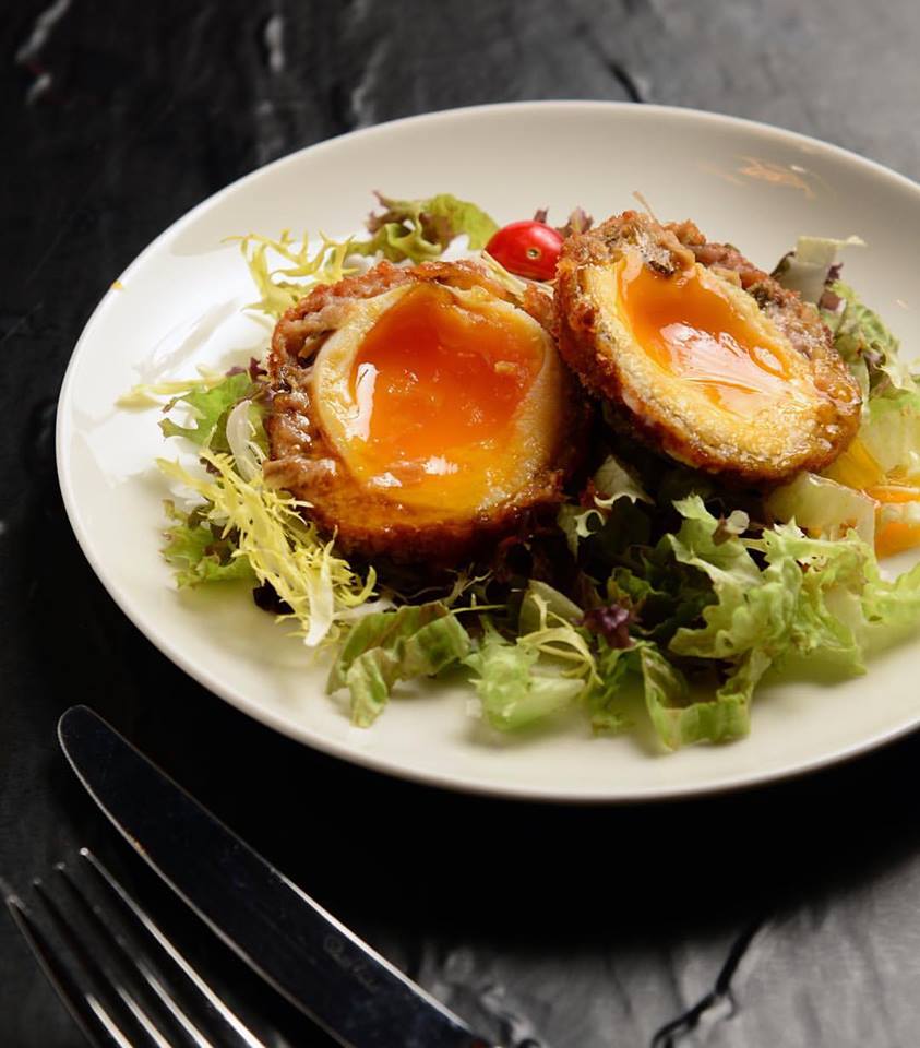 Kasa's attempt at a healthier Scotch egg using a pork and vegetable casing 