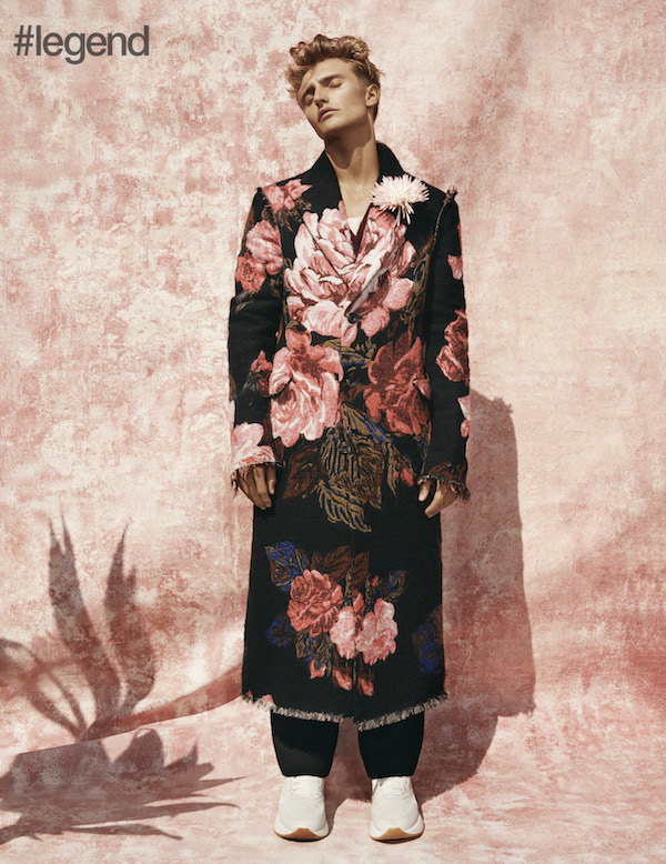 Floral embroidered coat, black trousers and white sneakers by Alexander McQueen