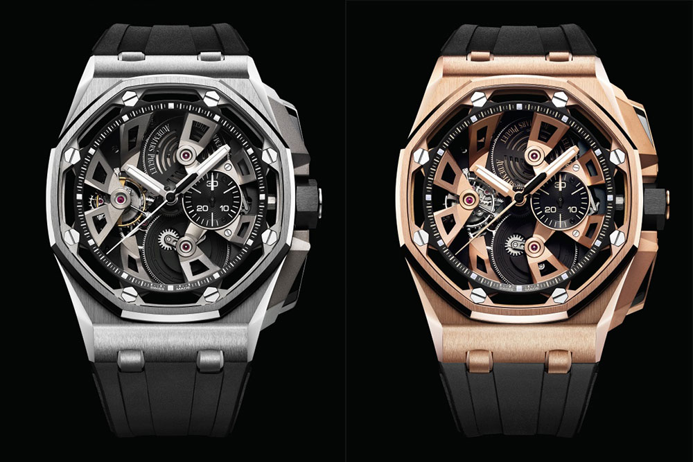 The Royal Oak Offshore Tourbillon Chronograph in stainless steel (left) and pink gold (right)