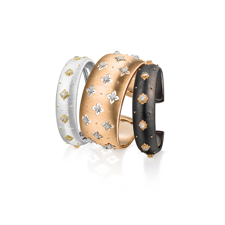 The Macri Collection Cuff Bracelets, including the striking black gold, created using the Diamond Like Carbon treatment on white gold. Their unique texture is achieved through the rigato technique.