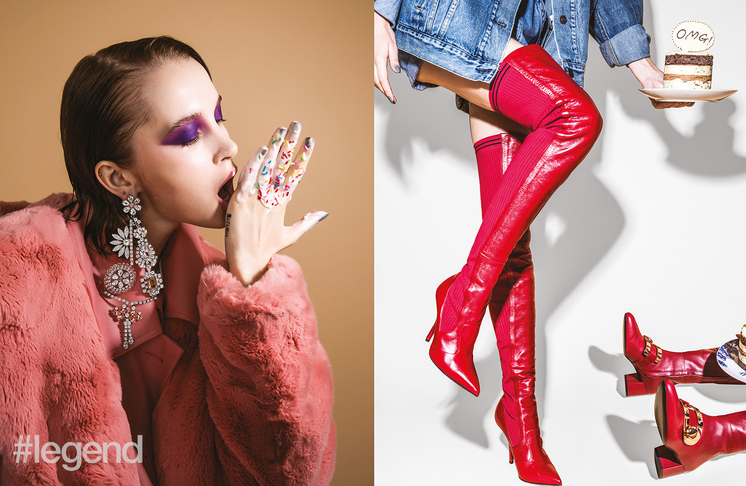 LEFT: WANT: Diamante Earrings / Outfit _ Burberry; RIGHT: NEED: Seeing Red /  Boots with knit contrast _ Fendi | Jacket _ Balenciaga, available at Lane Crawford | Shortalls _ What Goes Around Comes Around | Boots with gold buckles _ Stella Luna