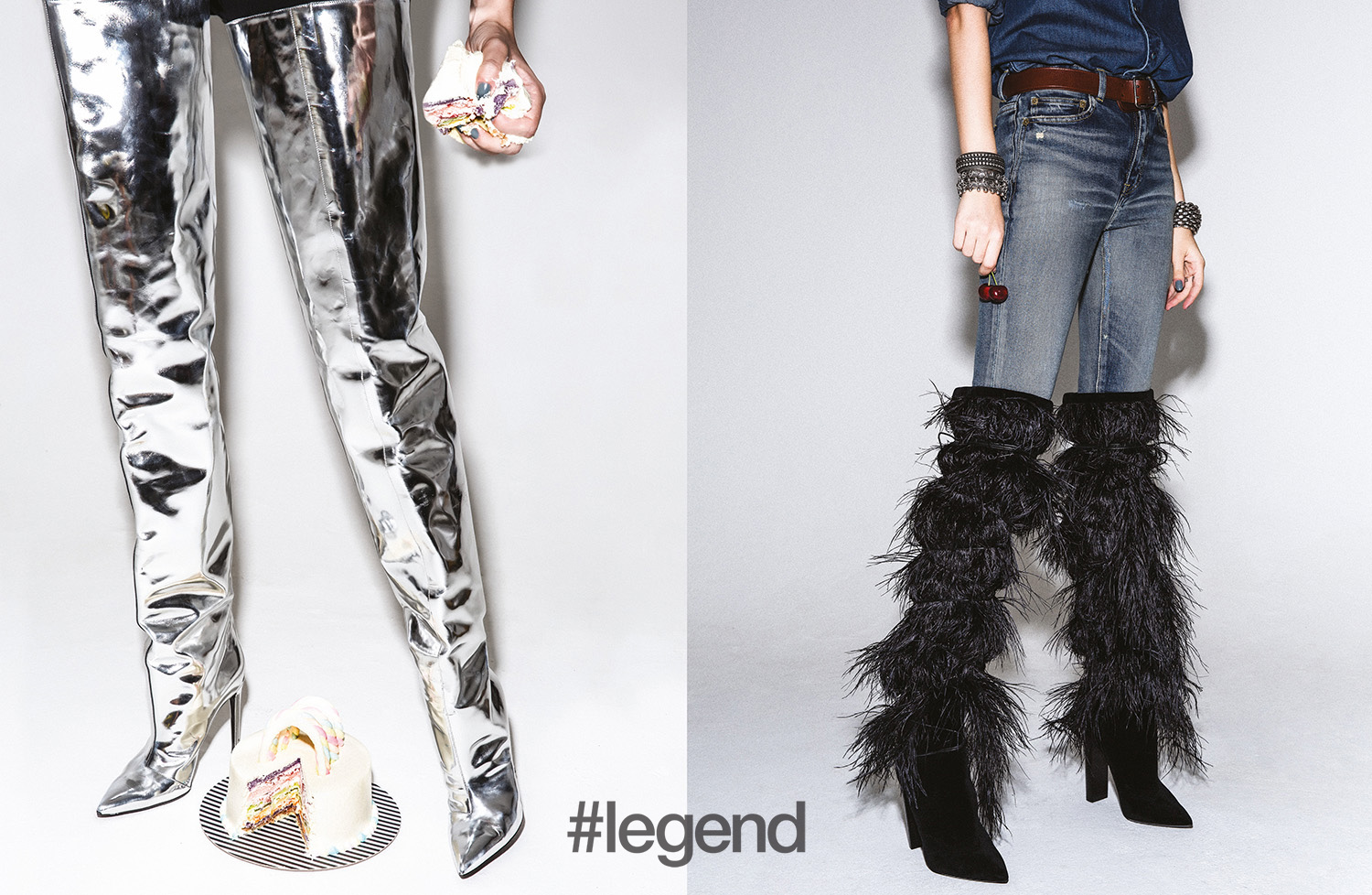 LOVE: LEFT: Boots _ Balenziaga; RIGHT: Denim shirt _ Calvin Klein | Jeans, boots, jewellery and belt _ Saint Laurent