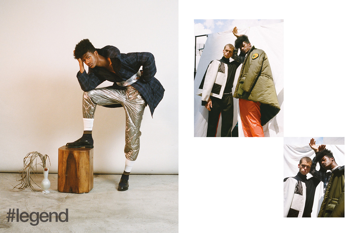 LEFT: Coat _ Ffixxed Studios at Lane Crawford | Trousers _ Moncler | Shoes _ Fendi; RIGHT: On Jaron, outfit_ ports 1961, on Han, outfit_ Fendi