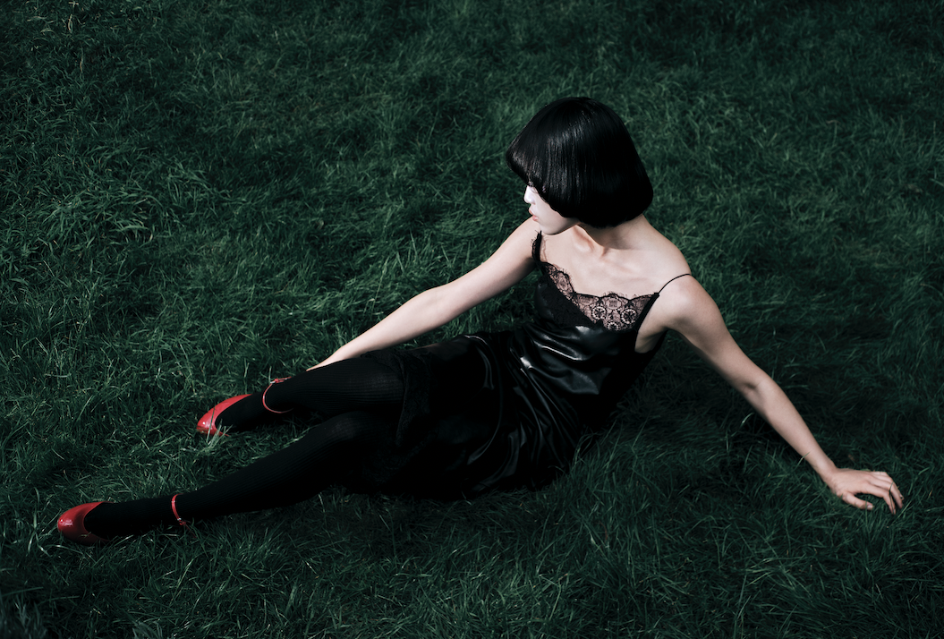 Black leather dress _ Givenchy; Black tights _ Burberry; Red heels _ Sportmax