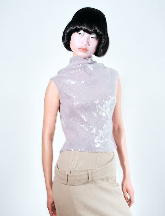 Purple sequined top _ 16 Arlington; Beige skirt _ Jacquemus