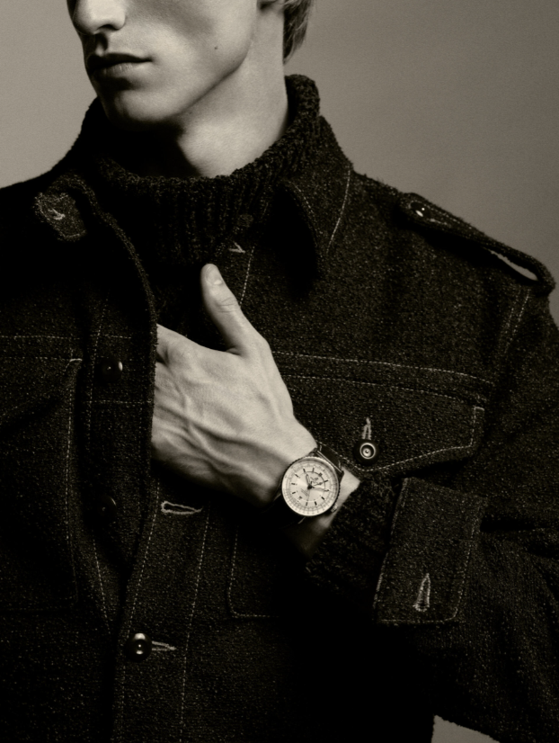 Navitimer Automatic GMT 41 _ Breitling; Knit roll-neck and denim jacket _ Givenchy