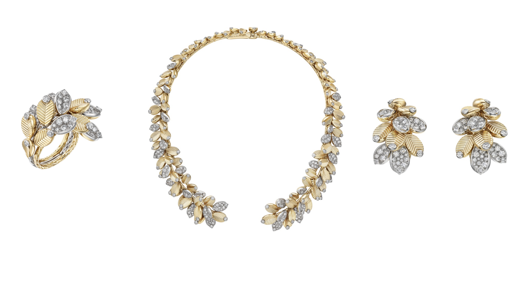 From left:  Grain de Café ring, necklace and earrings