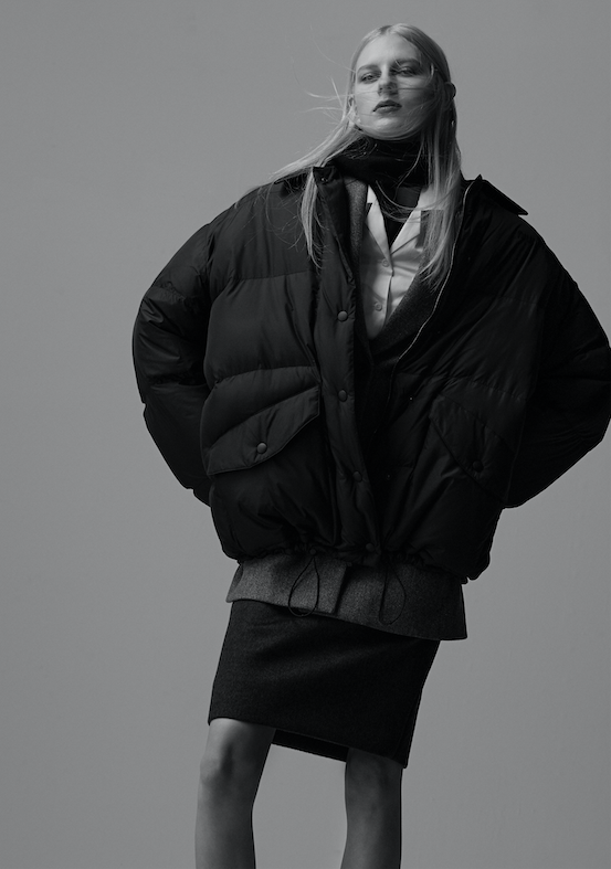 Puffer jacket, single-breasted jacket, shirt, skirt and scarf _ Miu Miu