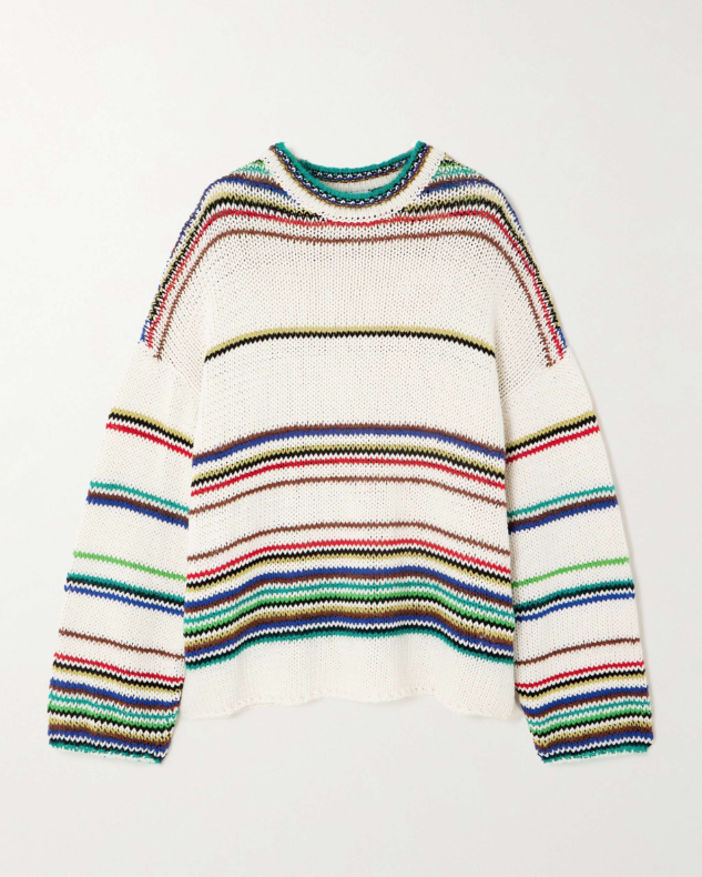 Multicolour striped sweater _ Loewe; Black straight-leg denim jeans _ Acne Studios; Off-white leather sneakers _ Brunello Cucinelli; Mint faux fur hooded jacket _ Marni