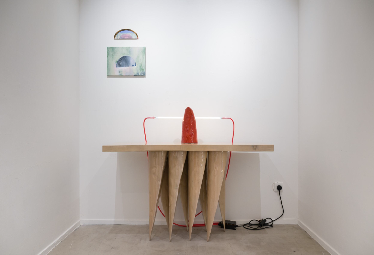 Installation view of The Way Home with Obeisance Console Table and Thumb Table Light by Henry D’Ath.