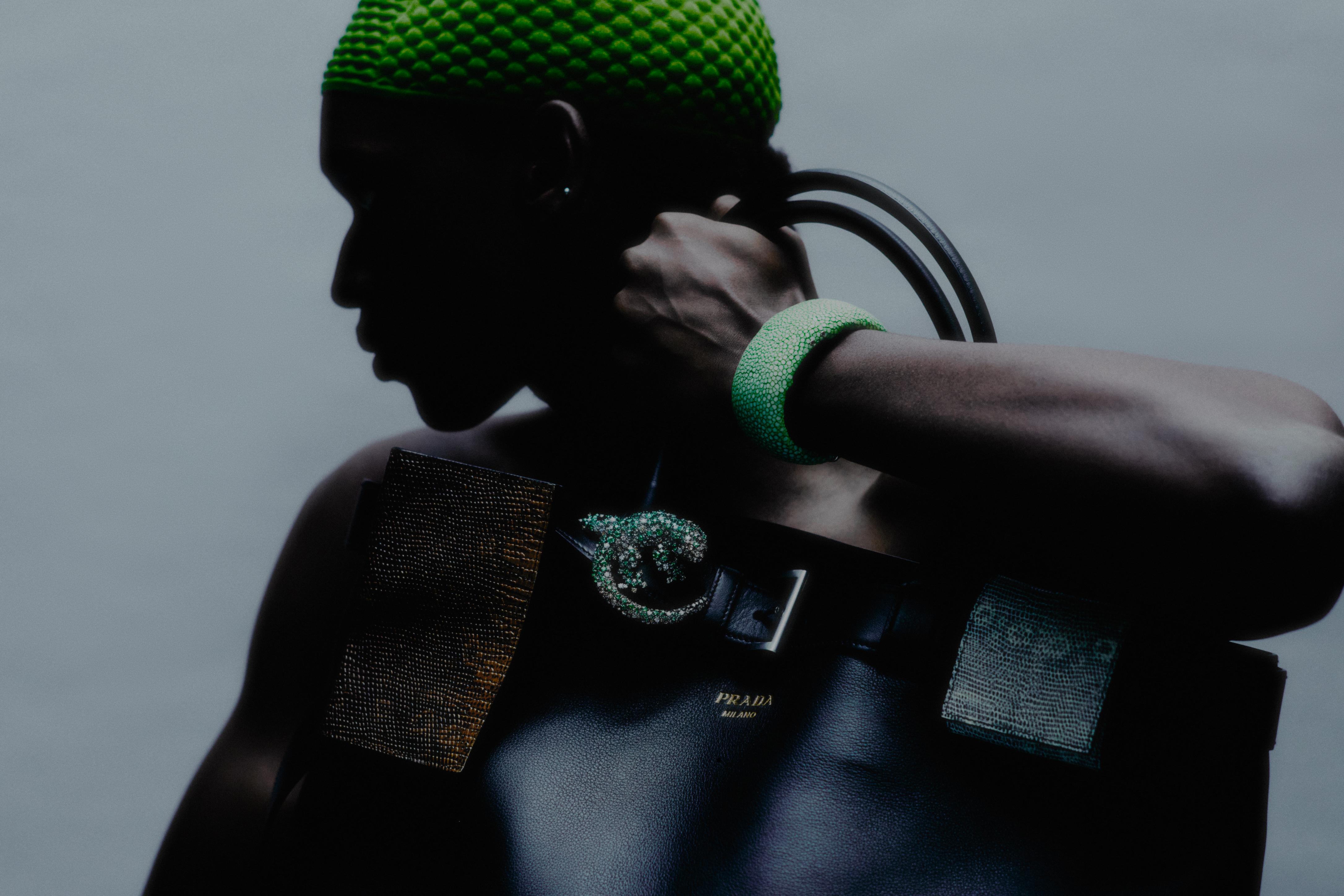 Green knit hat and black leather bag _ Prada; Lizard adjustable brooch with diamonds and green bracelet _ Damiani