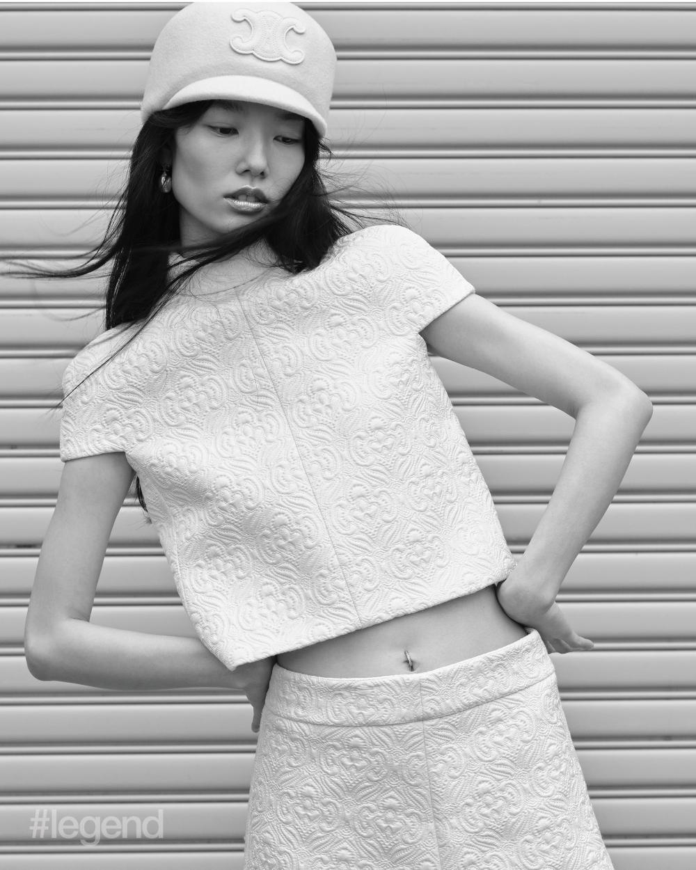 White hat, cropped top and skirt _ Celine