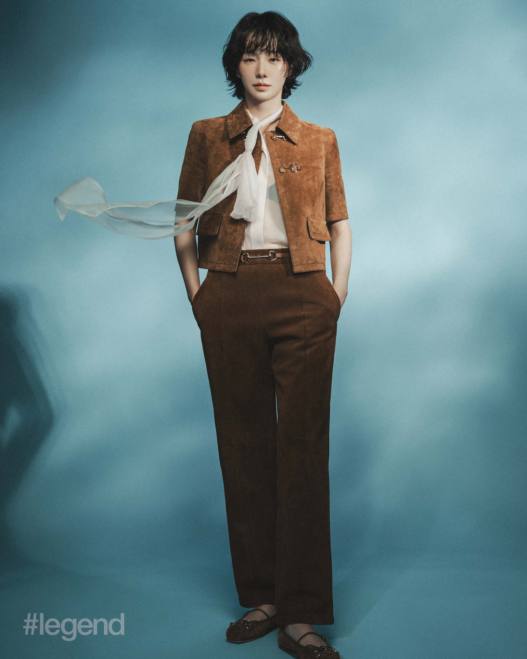 Brown suede jacket, trousers and ballet flats with Horsebit detail; and pink silk chiffon sleeveless shirt _ Gucci