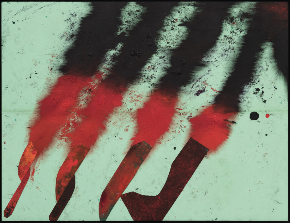 TURBINE. SHAKING HAND WITH BOMBS., 2022, acrylic, oil and cardboard on canvas.