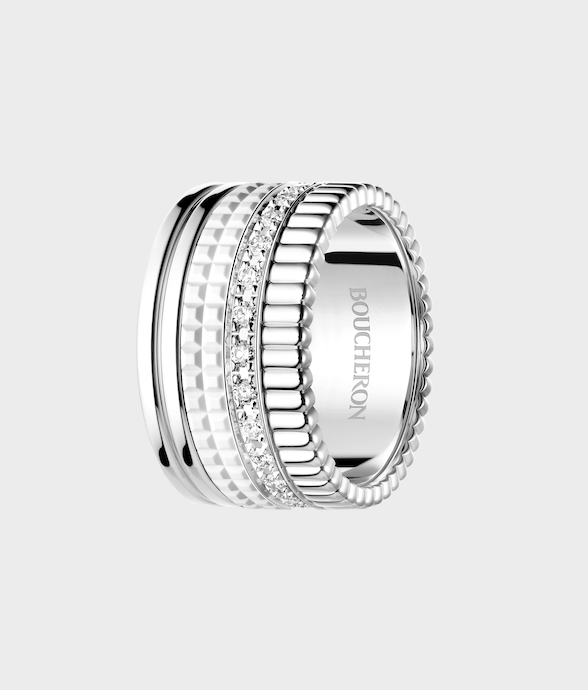 Quatre Double White Edition large ring in white gold with white ceramic and diamonds _ Boucheron