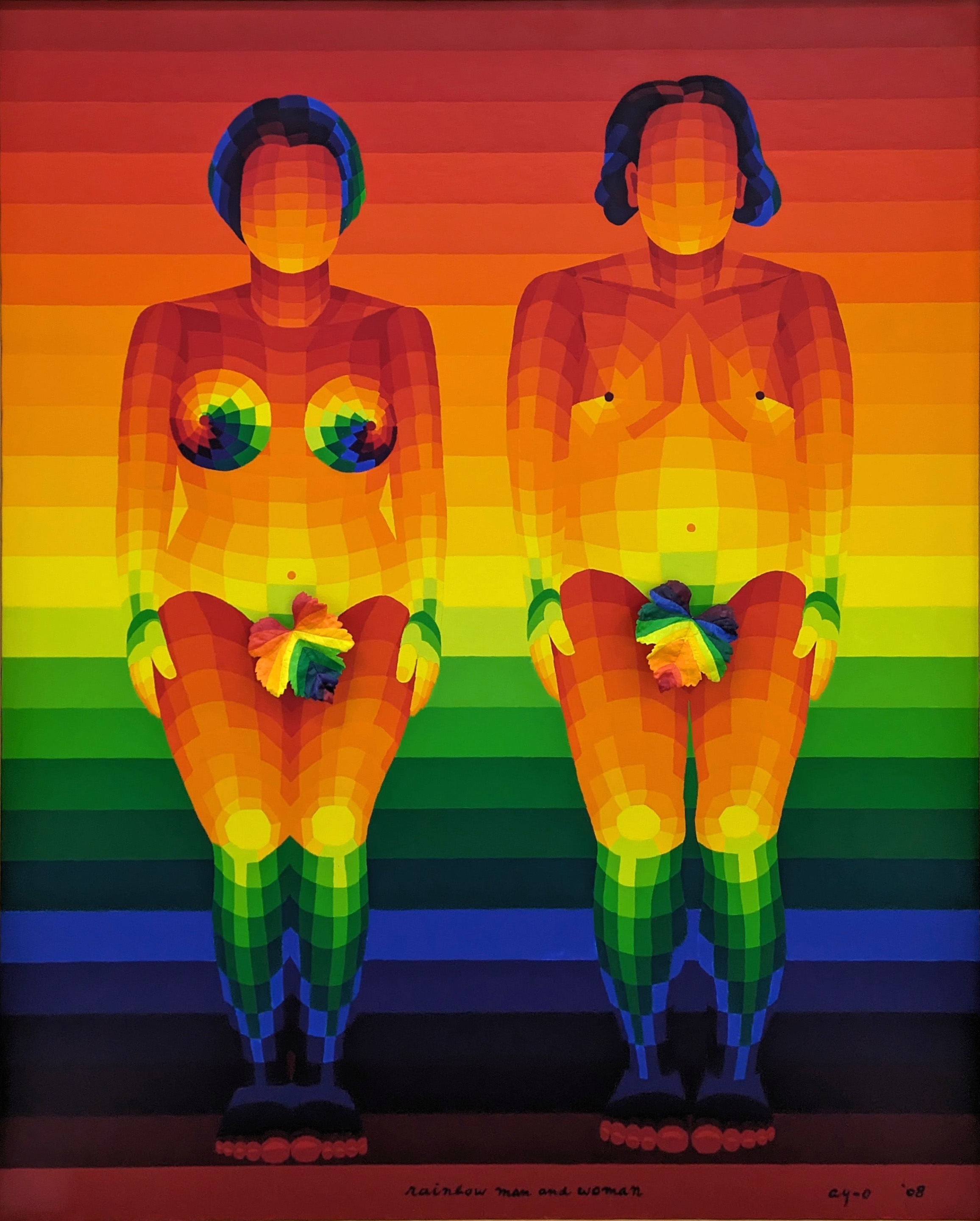 Ay-O, Rainbow Man and Woman, 2008, acrylic and mixed media on canvas, 162.2 x 130.3 cm. Courtesy of the artist and Whitestone Gallery