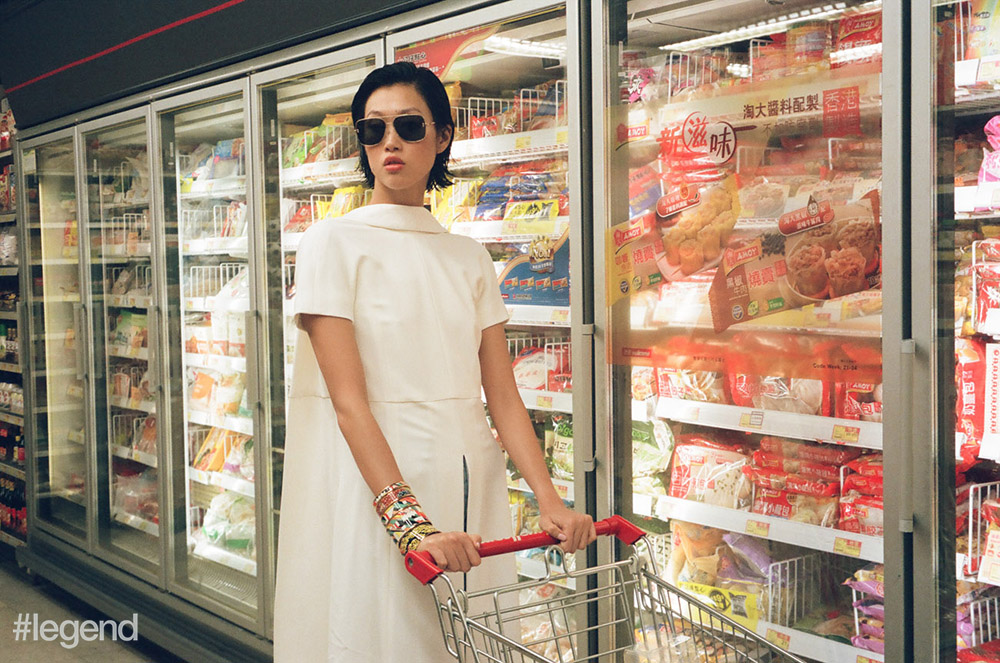 Dress by Rosetta Getty at Net-A-Porter, jeans by Xu Zhi at Lane Crawford, bracelets by Hermès and Sunglasses by Saint Laurent