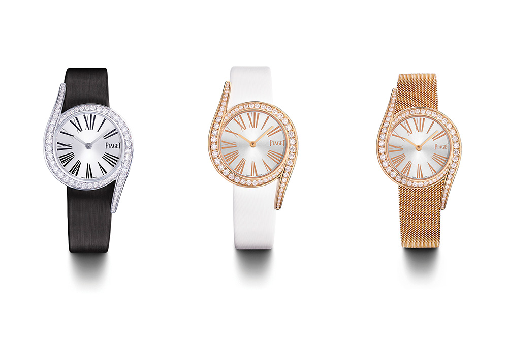 The Piaget Limelight Gala collection features 26mm case watches in white and pink gold set with 60 brilliant-cut diamonds