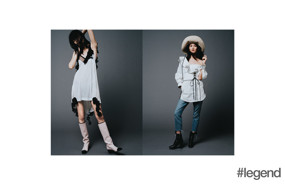 Left: Dress by Sacai and shoes from Chanel; Right: Hat by Loewe, dress by Self-Portrait at NET-A-PORTER, jeans from Grlfrnd Denim and shoes by Louis Vuitton