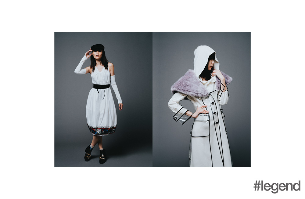 Left: Hat by Isabel Marant at Lane Crawford, dress by JW Anderson,  belt from Maison Boinet at Lane Crawford, socks from Tabio and shoes from Stella Luna; Right: Dress by Dior and raincoat by Miu Miu