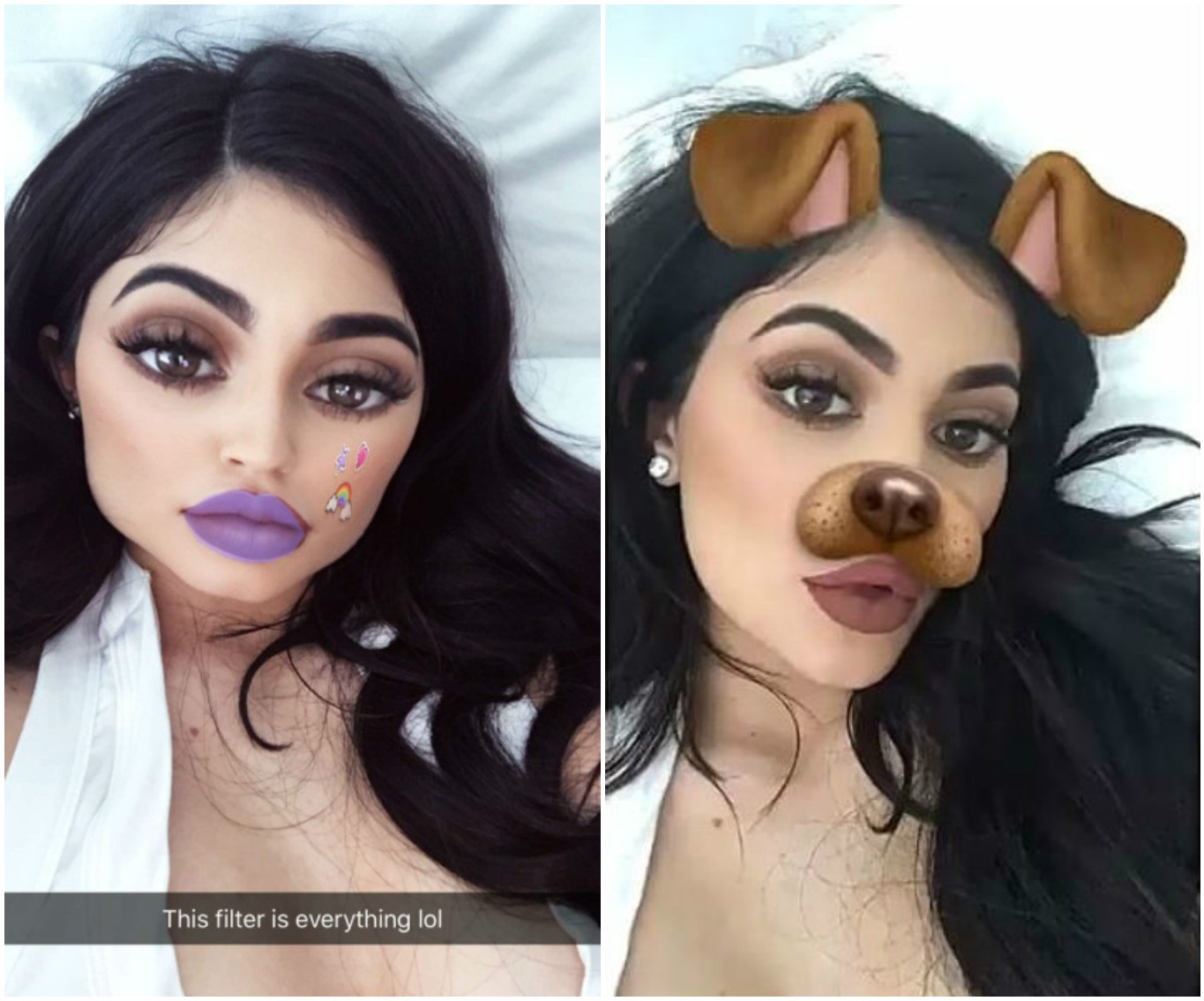 Kylie Jenner, one of the most followed celebrities on Snapchat, in two selfies edited with popular filters (@KylizzleMyNizzl on Snapchat)