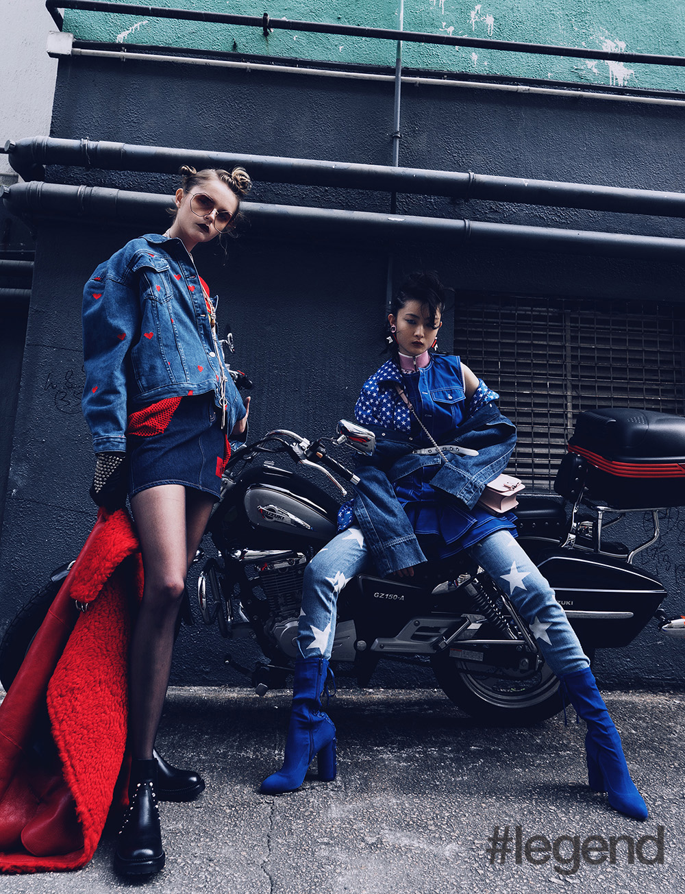(From left) Natalia: shirt by Gucci, denim jacket by Lazy Oaf, available at Kapok, shearling coat by Whistles, available at Rue Madame, skirt by Calvin Klein, boots by Jimmy Choo. sunglasses by Chloé, necklace by Chanel, gloves are stylist’s own; Zuo Ye: knit dress, earrings and belt by Miu Miu, sleeveless dress and windbreaker by Givenchy, jacket by Whistles, available at Rue Madame, jeans by Stella McCartney, available at Net-a-Porter, boots by Givenchy and bag by Salvatore Ferragamo