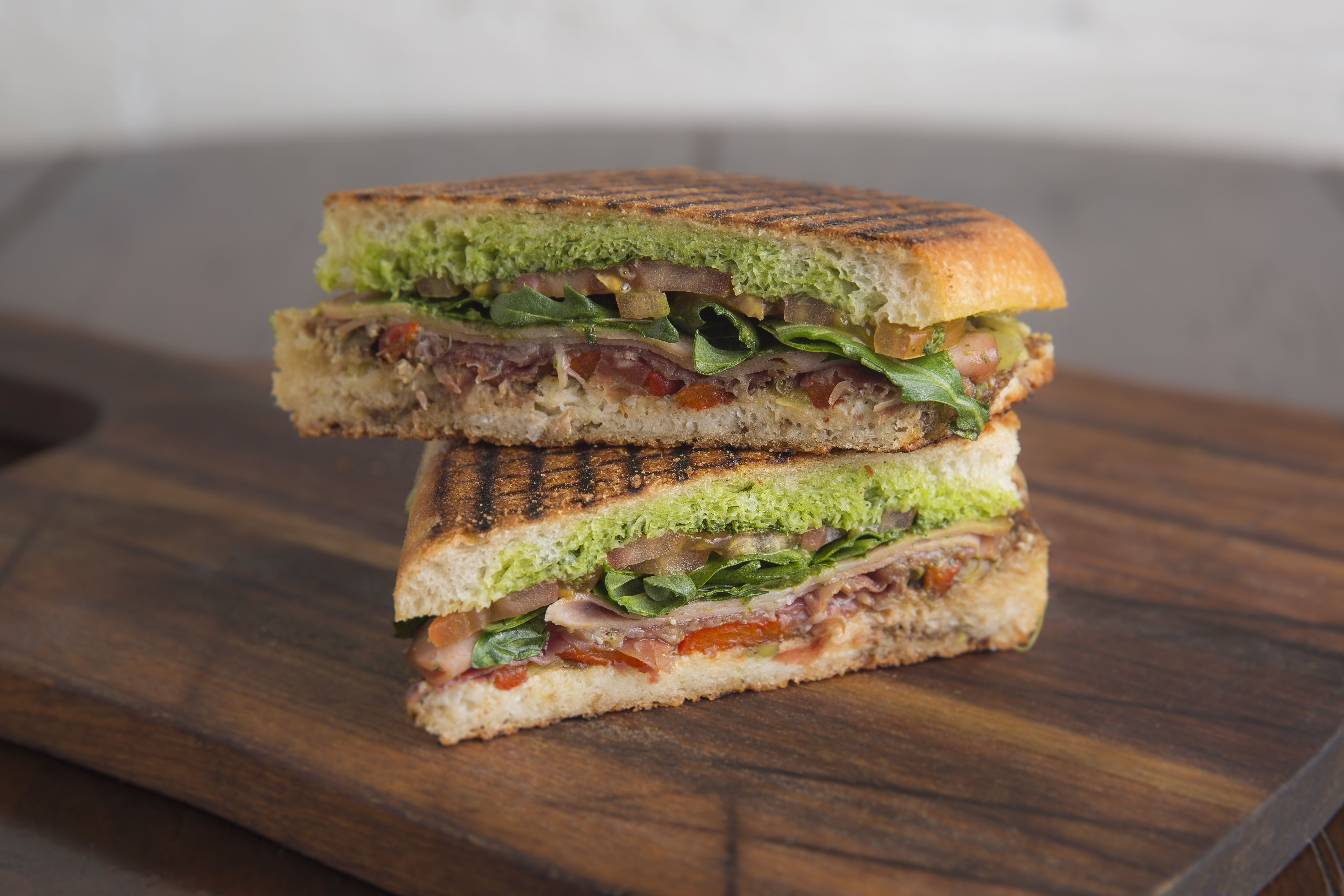 Traditional Panini with prosciutto cotto, chilli mostarda, mozzarella and tomato (HK$88)