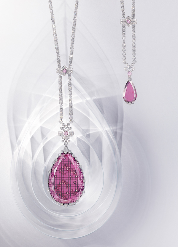 the Retba necklace in white gold, with one 91.15-carat and one 8.33-carat pear- shaped rubellites, pink and white brilliant-cut diamonds