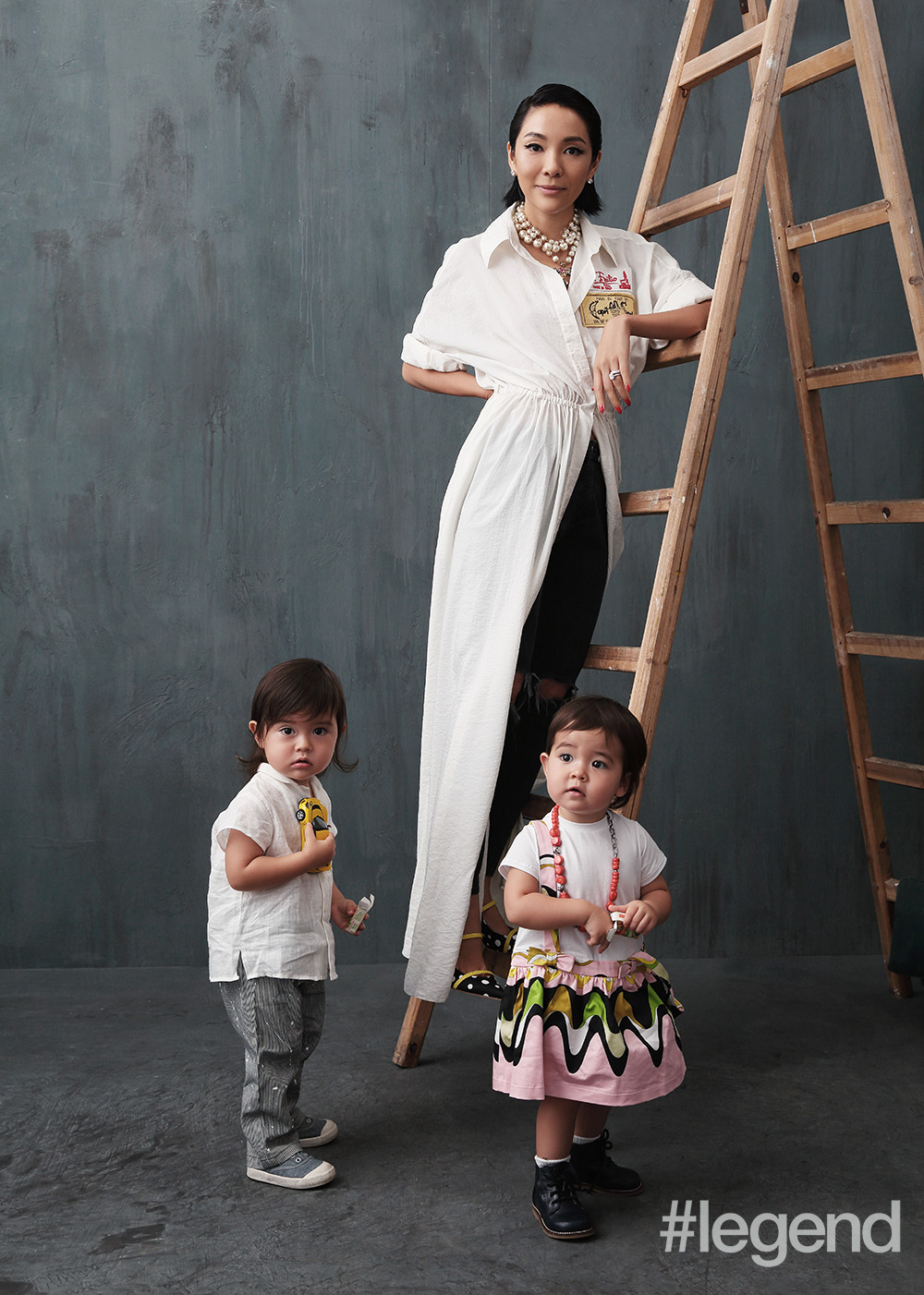 Sena Wakabayashi, Parker James and Willow; On Parker James: shirt and trousers by Bonpoint