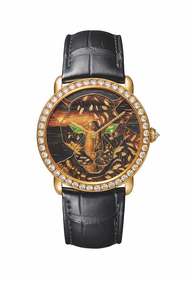 Ronde Louis Cartier wood and gold leaf marquetry watch;
