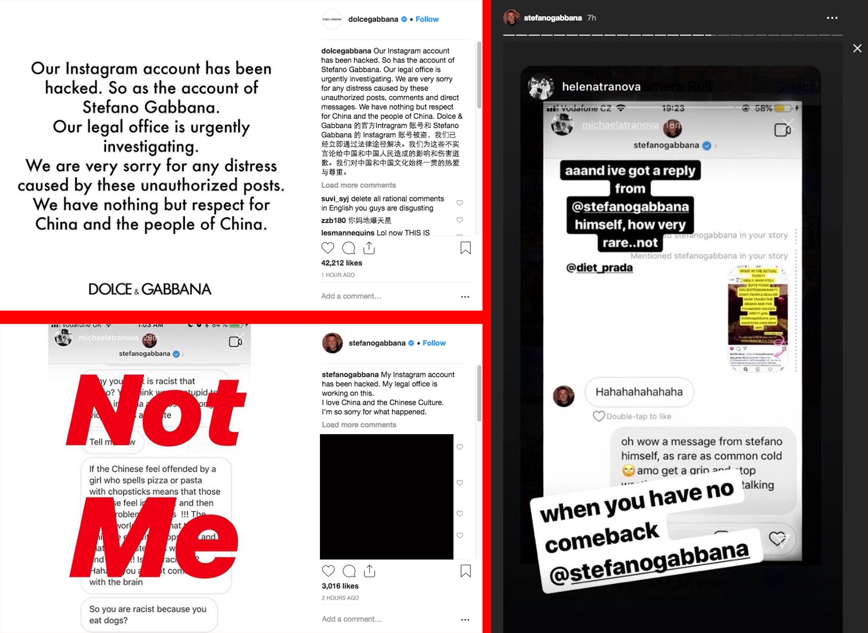 Statements from Dolce & Gabbana and Stefano Gabbana after the conversation surfaced; a screenshot of Stefano's IG story after he released his statement
