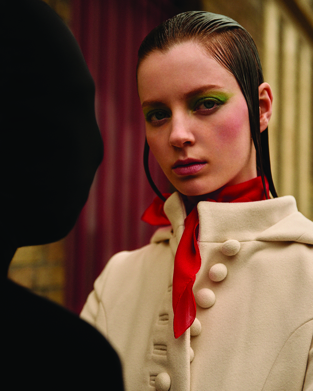 Beige wool coat by Gucci, scarf stylist's own