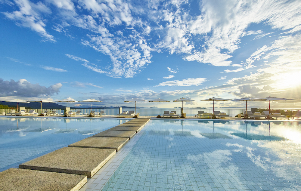 The main pool deck overlooking the ocean