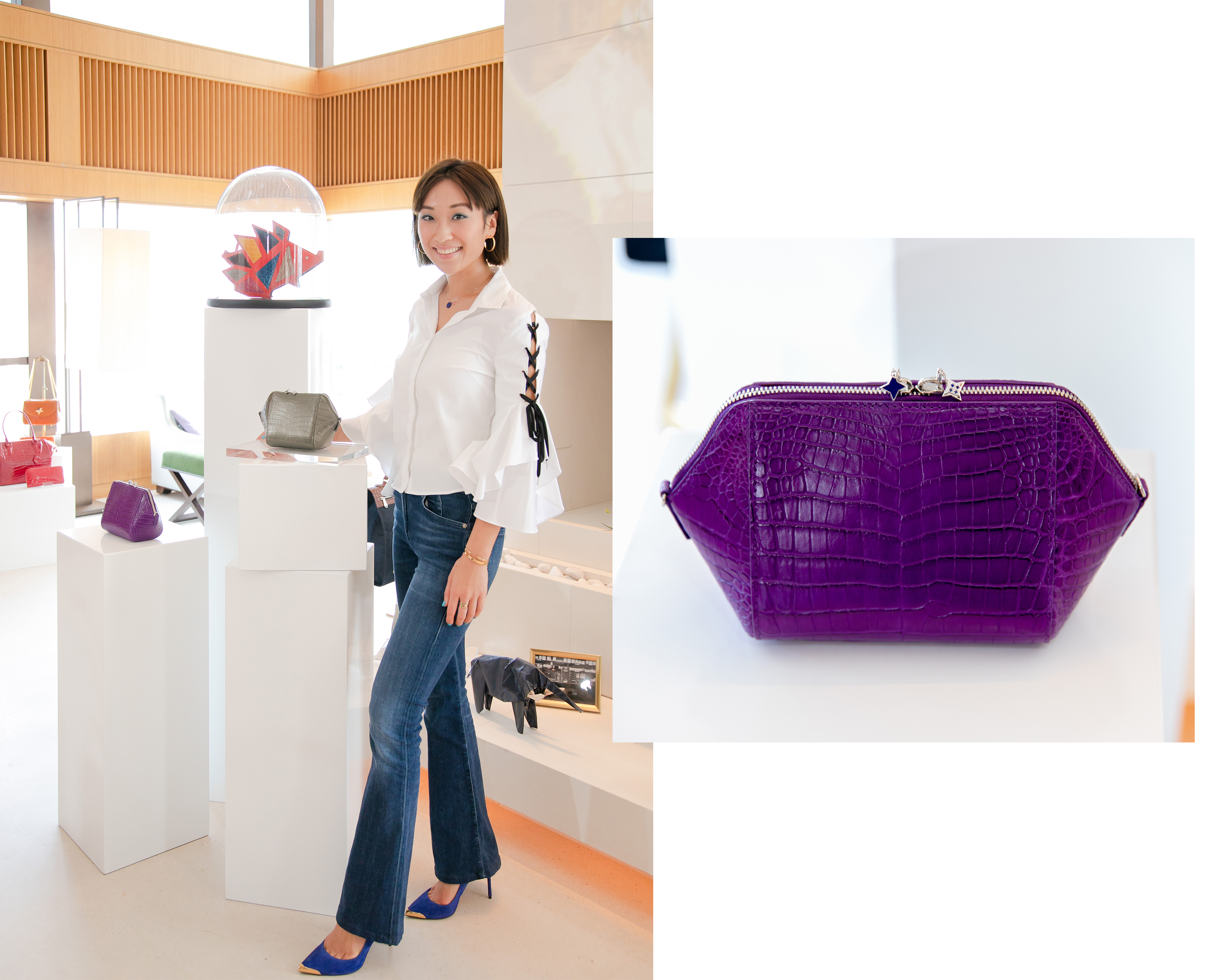 Florence Tsai and her origami clutch in collaboration with Ethan K