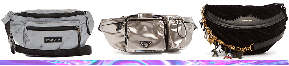 Balenciaga Power of Dreams belt bag, Prada Metallic Nylon belt bag, Balenciaga Souvenir XS bag