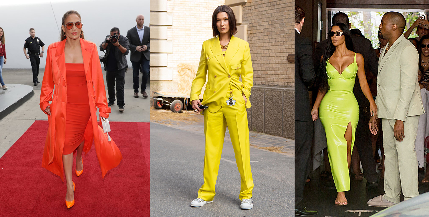 Jennifer Lopez, Bella Hadid, and Kim Kardashian West all sporting different shades of neon 