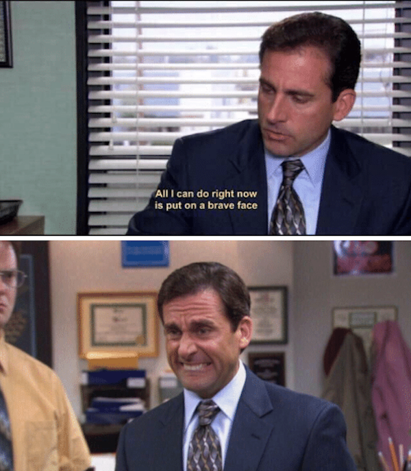 Michael Scott puts on a brave face; photo: @Sizzle on Twitter