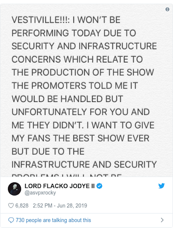 A tweet by A$AP Rocky signalled problems with the festival on its first day festival