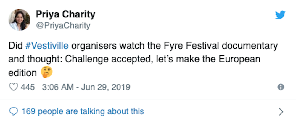 Tweet likening Vestiville to the Fyre Festival