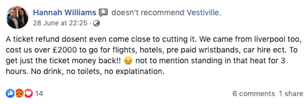 An angry ticket-holder reviewing Vestiville on Facebook