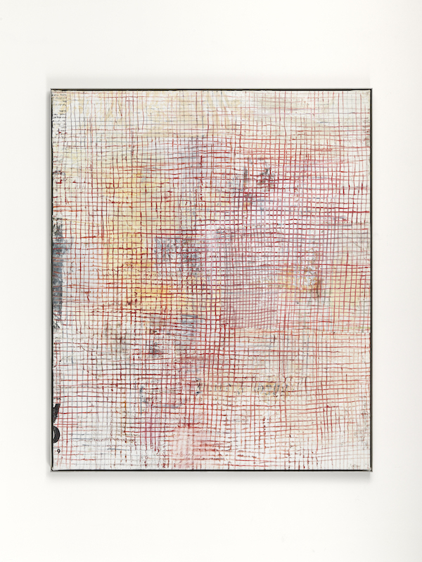 TBC - small grids, 2019  oil and mixed media on linen, artist steel frame  56.3 x 46.85 inches  143 x 119 cm  Courtesy the artist and Lehmann Maupin, New York, Hong Kong, and Seoul.