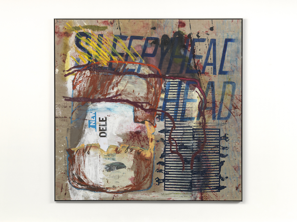 Untitled (sleepy head), 2018  oil and mixed media on linen with artist stainless steel frame  57.09 x 58.66 inches  145 x 149 cm  Courtesy the artist and Lehmann Maupin, New York, Hong Kong, and Seoul.